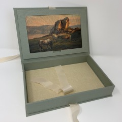 Flip Top Invitation Box with Frame Under Lid and Hand Cut Silk Ribbon Ties