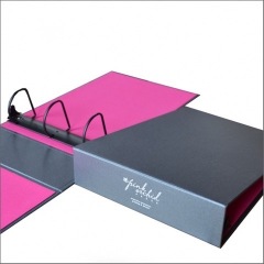 Invitation Display Binders Covered in Metallic Steel and lined in Bright Pink with White Foil Stamping on the Spine