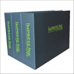 Invitation Display Binders Covered in Metallic Black with Lime Liners and Screen printed Logo