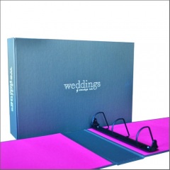 Invitation Display Binders Covered in Metallic Steel with Bright Pink Liners and White Foil Stamping