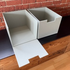 Home Organization Boxes with Flip Down Facade Covered in Flax Blend