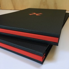 Coated Onyx Hidden Screw Post portfolios with Red Foil Stamping and Red Spine Covers