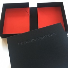 Clamshell Box Covered in Super Black with Red Liners and Black Foil Stamping