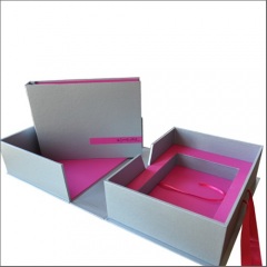 Deep Notched Clamshell Box Covered in Metallic Silver and  Lined in Bright Pink