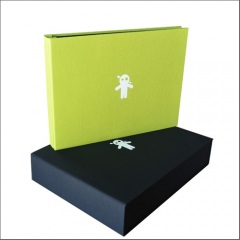 Black Half Clamshell Box with Olive Portfolio and White Foil Stamped Logo on Both